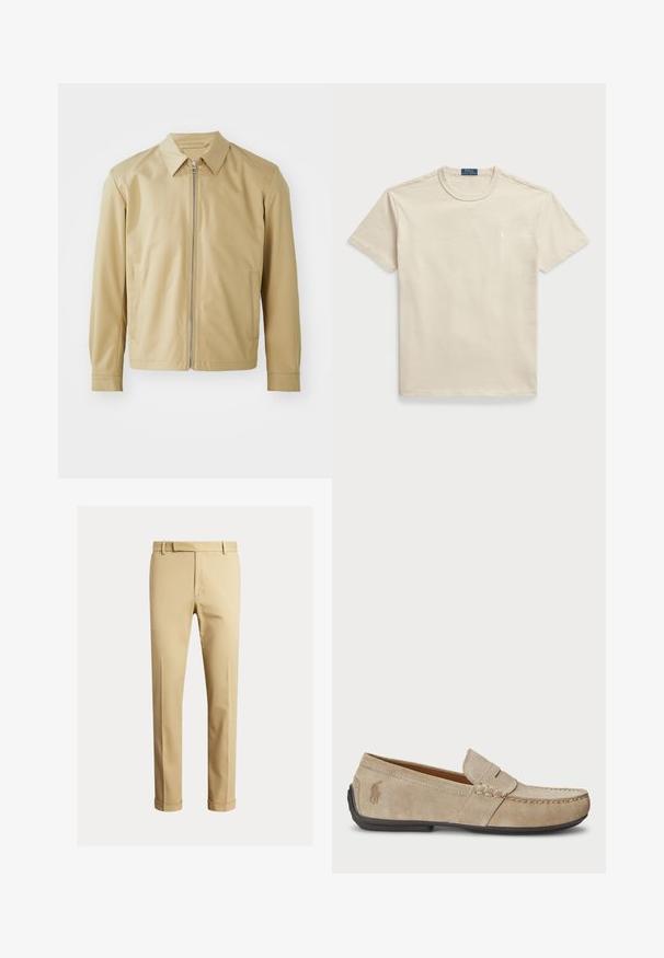 Beige lightweight jacket with a collared neck, front zip closure, and two side pockets. Smooth texture and relaxed fit.; Beige cotton t-shirt with a round neck, short sleeves, and a small logo on the chest. Smooth texture, casual fit, and minimal design.; Khaki chinos made of smooth cotton fabric, featuring a fitted design, front pleats, and cuffs at the ankle for a tapered look.; Beige suede loafers with a stitched detail, flat rubber sole, and a small logo on the side. Classic slip-on design, soft texture.