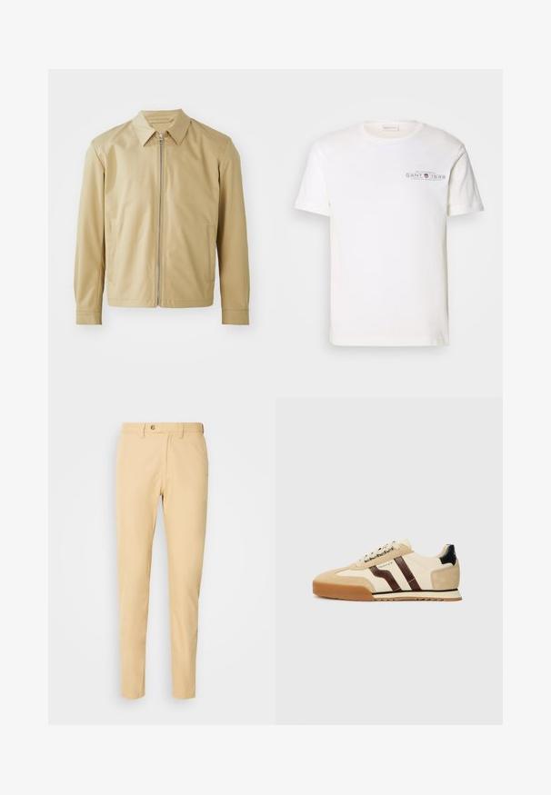 Casaco leve bege com gola, fecho frontal em zip e dois bolsos laterais. Textura suave e corte descontraído.; T-shirt de algodão branco com decote redondo, mangas curtas e logotipo impresso. Apresenta um design minimalista e um corte relaxado.; Calças bege de algodão com corte reto, apresentando fecho de botão, passantes para cinto e bolsos laterais. Textura lisa, sem padrões.; GANT BAYLLE - Sapatilhas - sand