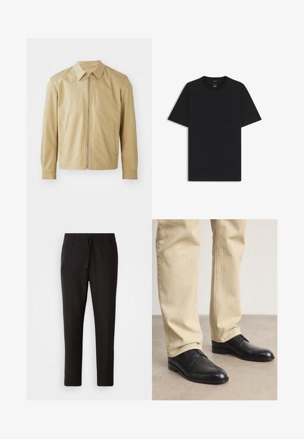 Beige letvægtsjakke med krave, lynlås fortil og to sidelommer. Glat overflade og afslappet pasform.; Sort kortærmet T-shirt lavet af en glat bomuldsblanding, med en rund halsudskæring og et minimalistisk design uden mønstre eller accenter.; Sorte joggebukser lavet af glat stof. Har en elastisk talje med snor, tætsiddende ben og ingen synlige lommer. Enkel design.; Sorte læder snørebåndssko med rund tå, glat finish og diskrete syninger, båret med lyse beige bukser.