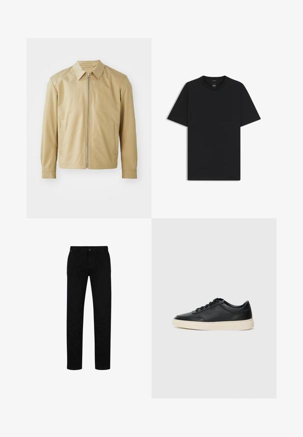 Beige lättviktsjacka med krage, framficka med dragkedja och två sidfickor. Slät textur och avslappnad passform.; Svart kortärmad T-shirt i en mjuk bomullsblandning, med rundad halsringning och en minimalistisk design utan mönster eller detaljer.; Svarta bomullsbyxor med rak passform, med knappstängning, bälteshällor och minimalistisk design. Slät textur, utan mönster.; Svart låg skor i läder med svarta snören och off-white sula, visas i sidoprofil på vit bakgrund.