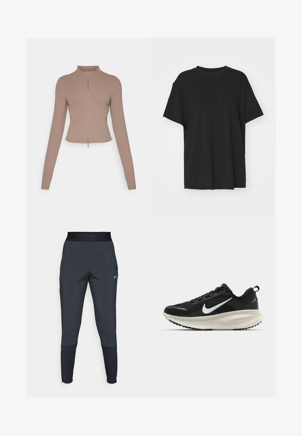 Brązowa bluzka z długim rękawem, wykonana z elastycznego materiału, z wysokim kołnierzem i pełnym zamkiem błyskawicznym, o dopasowanym fasonie i prostym zakończeniu.; Czarna krótko rękawowa koszulka wykonana z gładkiego materiału, z okrągłym dekoltem i luźnym krojem. Posiada boczne rozcięcia, które zapewniają dodatkowy komfort i przewiewność.; Spodnie sportowe Nike w ciemnoszarym kolorze, z tapered leg design, elastycznym paskiem w talii oraz akcentami przy nogawkach.; Czarna biegowa półbut z oddychającej siateczki, białym logo swoosh, teksturowanymi detalami oraz kremową podeszwą środkową ZoomX.