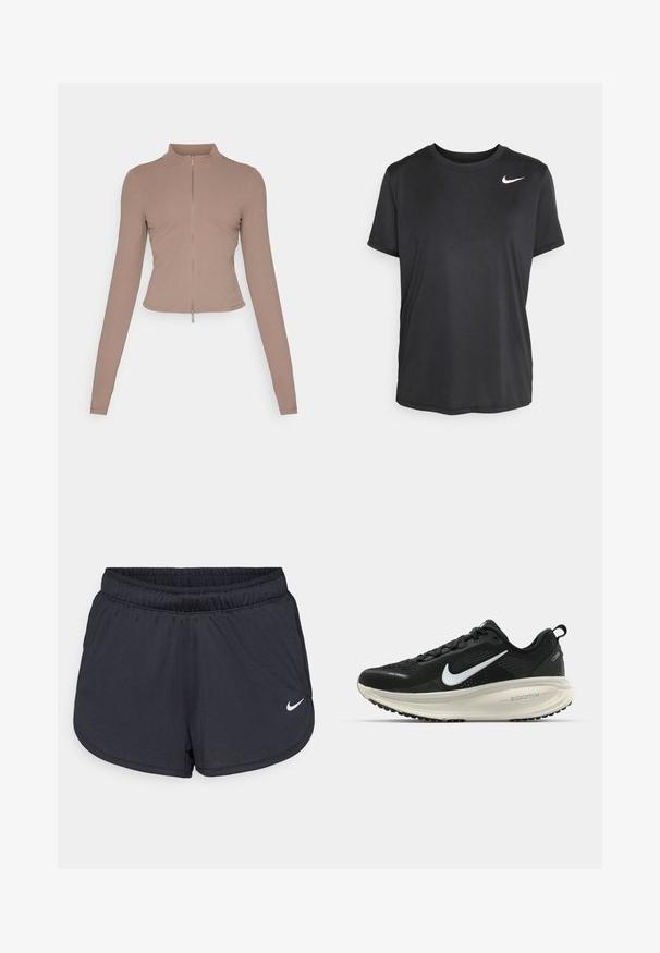 Smeđi dugosvjetni top od rastezljivog materijala, s visokim ovratnikom i punim prednjim patentnim zatvaračem, prilagođenog kroja i ravnim rubom.; Crna kratka atletska majica s kratkim rukavima, izrađena od glatkog, laganog materijala, s malim bijelim Nike logom na gornjoj lijevoj strani.; Crne atletske kratke hlače napravljene od laganog, prozračnog materijala. Imaju elastičnu traku u struku i bijeli Nike logo na donjoj desnoj strani.; Crne Nike trkačke tenisice s prozračnom mrežastom gornjom konstrukcijom, bijelim swoosh logotipom, teksturiranim detaljima i kremastom ZoomX srednjom potplatnom jedinicom.
