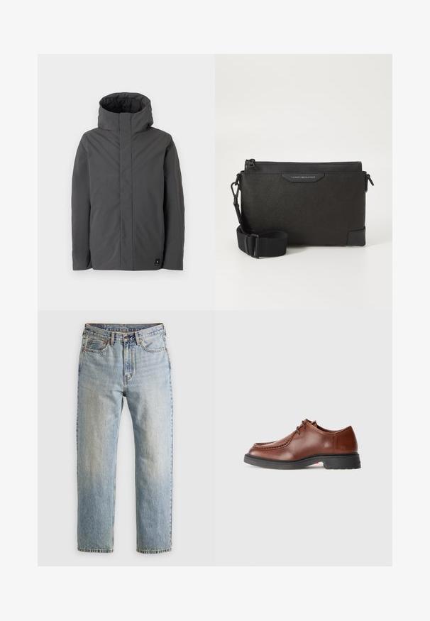 Giacca grigia di media lunghezza con colletto alto e design minimale. Presenta una texture liscia e un piccolo logo del marchio in basso a sinistra.; Camicia a maniche lunghe bordeaux in cotone, con colletto button-down, chiusura frontale con bottoni e un piccolo logo sul petto.; Jeans in denim azzurro chiaro con vita alta, bottone anteriore, cerniera e design a cinque tasche, adagiati su uno sfondo neutro.; Scarpa da dress in pelle marrone con punta rotonda, cuciture a contrasto, design con lacci e suola in gomma nera texture.; Borsa a tracolla in pelle nera con finitura testurizzata, dotata di chiusura a zip e tracolla regolabile. Fodera con logo sul davanti. Forma rettangolare.