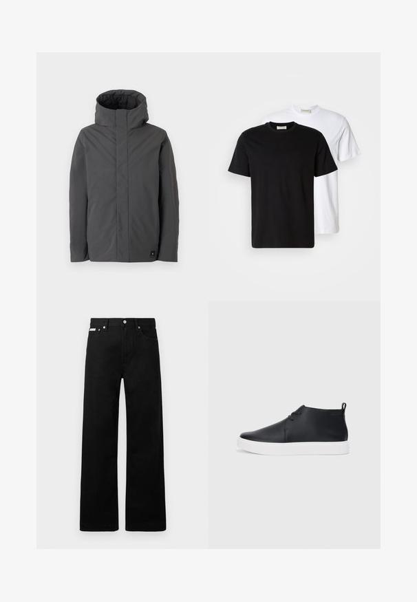 Grå, mellemlang jakke med høj krave og minimalistisk design. Har en glat tekstur og et lille brandlogo på den nederste venstre side.; To enkle bomulds T-shirts, en sort placeret foran en hvid, begge med korte ærmer og rund halsudskæring.; Sorte denimbukser med bred ben-design, der har fem lommer og metallisk knapdetalje. Glat tekstur, uden synlige mønstre.; Sorte læder højtop sneakers med en glat finish, hvid gummisål og simpel snørebåndsdesign. Har en pull tab bagpå.