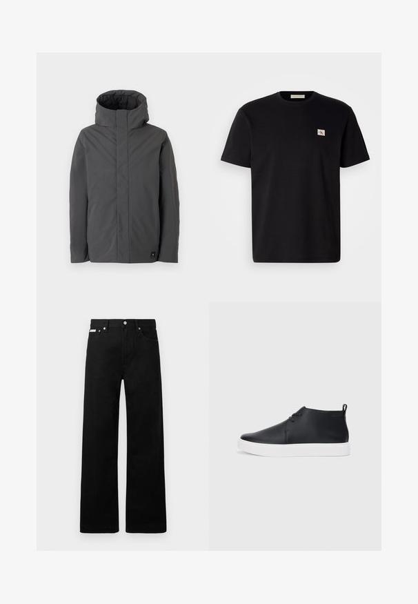 Pelēks, vidējs mētelis ar augstu apkakli un minimālu dizainu. Tam ir gluda tekstūra un neliels zīmola logo apakšējā kreisajā stūrī.; Melna kokvilnas t-krekls ar īsām piedurknēm, aploksnes kakla izgriezums un neliels izšuvums kreisajā krūtī. Gluda tekstūra, regulāras piegriezums.; Melni džinsi ar platajiem bikšu dizainu, ar piecām kabatām un metāla pogām. Gluda tekstūra, bez redzamām rakstu detaļām.; Melnas ādas augstas tenisa kurpes ar gludu apdari, baltu gumijas zoli un vienkāršu šņorēšanas dizainu. Aizmugurē ir vilkšanas cilpa.