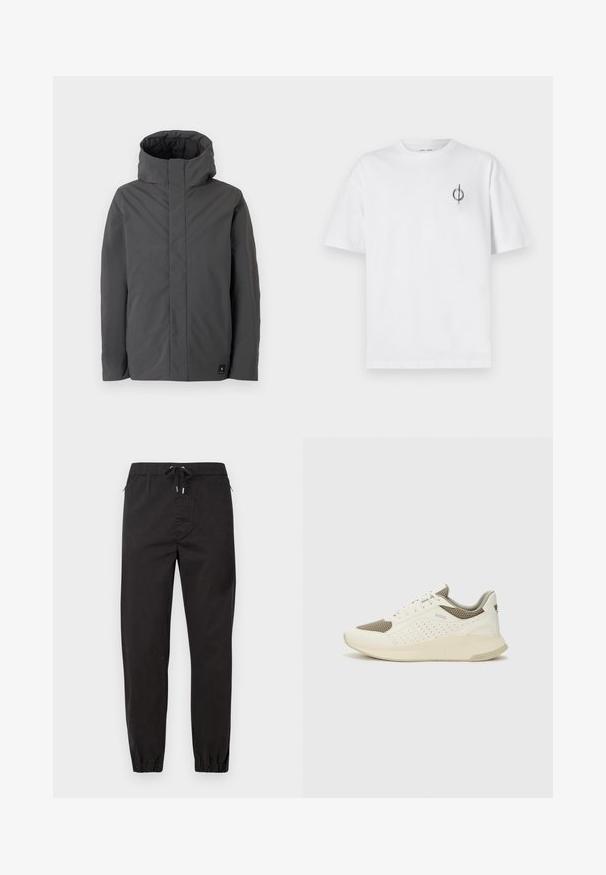 Chaqueta gris de longitud media con un alto cuello y diseño minimalista. Presenta una textura suave y un pequeño logo de la marca en la parte inferior izquierda.; Camiseta de algodón blanca con un corte relajado, con un pequeño logotipo gráfico negro en el área del pecho izquierdo. Mangas cortas, estilo cuello redondo.; Pantalones negros ajustados, hechos de una tela ligera. Cuentan con una cinturilla elástica con cordón, bolsillos laterales y puños elásticos en los tobillos.; Zapatilla deportiva en blanco y beige claro, con parte superior de malla, detalles perforados y una mediasuela texturizada con la marca en el talón.