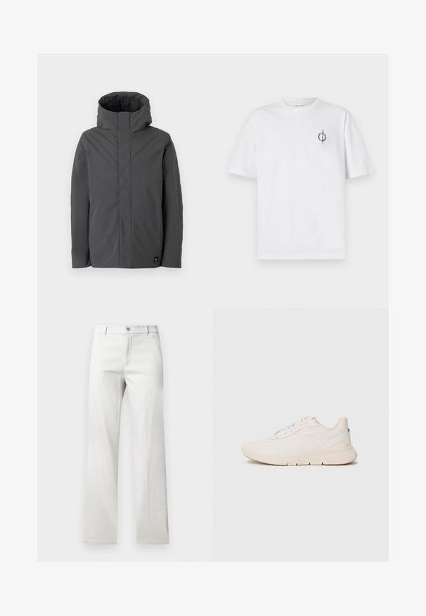 Grå, mellemlang jakke med høj krave og minimalistisk design. Har en glat tekstur og et lille brandlogo på den nederste venstre side.; Hvid bomulds t-shirt med en afslappet pasform, der har et lille sort grafisk logo på venstre brystområde. Korte ærmer, rund halsstil.; Lys grå bukser med lige ben-design, lavet af et glat stof, med en frontlukning med knap og sidelommer.; Hvide sneakers lavet af struktureret materiale, med en glat sål, snørebånd foran og diskret branding på hælen. Minimalistisk design.