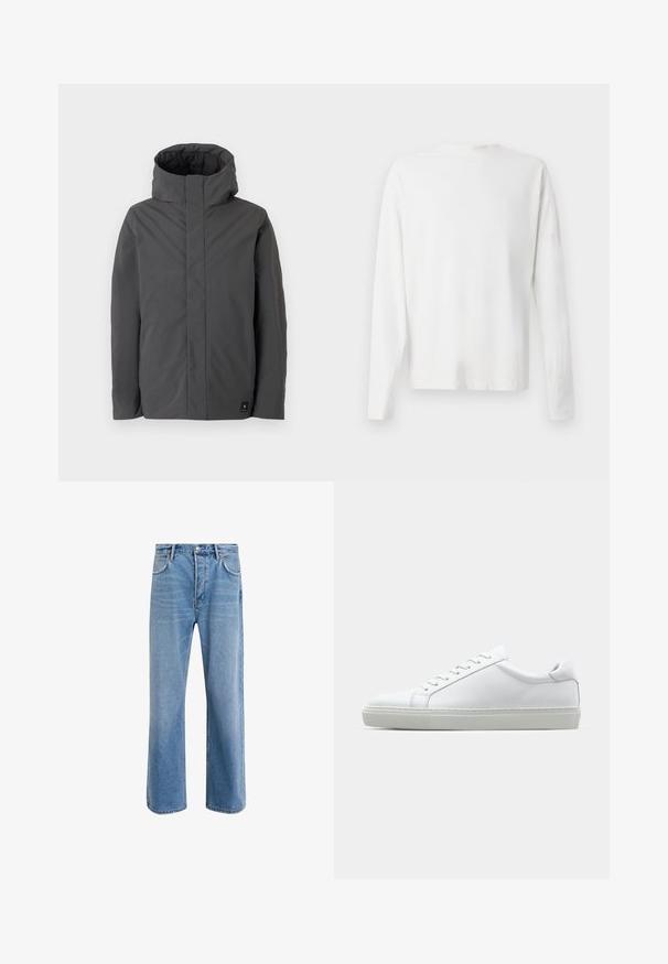 Gray, mid-length jacket with a high collar and minimal design. Features a smooth texture and a small brand logo on the lower left.; Long-sleeved white cotton shirt with a round neckline, side slits at the bottom, and a smooth texture, displayed from the back.; Light blue denim jeans with a straight-leg design, five pockets, button closure, minimal fading, and contrasting stitching details.; White sneaker with a smooth leather upper and a low profile. Features a rounded toe, six eyelets, and a textured rubber sole.