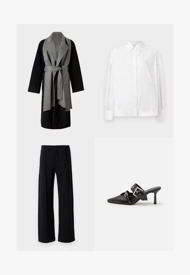 Kabát z vlneného zmesi so šedým predným panelom a golierom, čiernymi rukávmi, opaskom v páse a bočnými vreckami. Hladká textúra, stredná dĺžka.; Biela košeľa s dlhým rukávom vyrobená z hladkej bavlnenej zmesi. Má klasický golier, predné zapínanie na gombíky a zaoblené manžety.; Čierne nohavice rovného strihu s elastickým pásom a jemným textúrovaným vzorom po celej látke na bielom pozadí.; Čierne vysoké podpätky mule so špicatou špičkou, vyrobené z hladkej kože. Obsahujú široký členkový remienok so štvrcovým strieborným sponom a cvokmi.