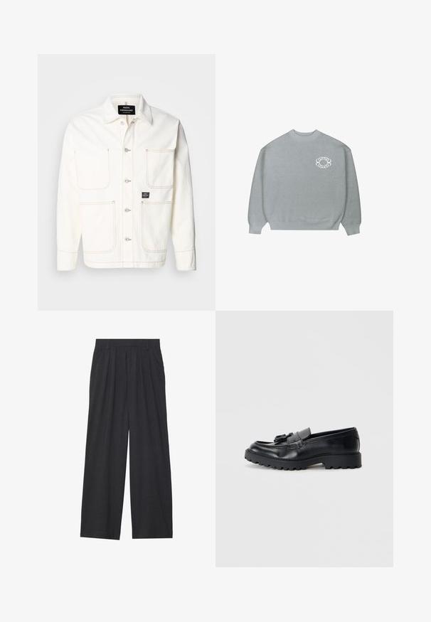 Weiße Jeansjacke mit Knopfleiste, zwei großen Brusttaschen und feinen orangefarbenen Nähten. Verfügt über einen Spitzkragen und Knopfmanschetten.; Helles graues Rundhals-Pullover mit gerippten Bündchen und Saum, der ein kleines weißes Kettenmuster-Logo auf der linken Brust hat.; Weit geschnittene Hosen aus dunkelgrauem Stoff. Merkmale sind Falten an der Taille, ein maßgeschneiderter Schnitt und eine gerade Silhouette.; Schwarze Lederloafers mit glanzendem Finish, klobiger Gummisohle und dekorativem Quastendetail auf der Vorderseite.