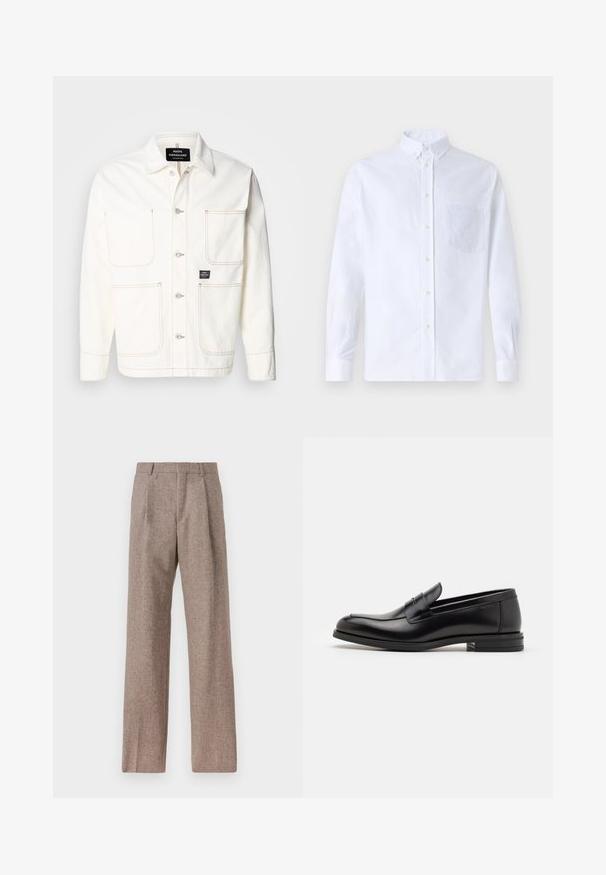 Witte spijkerjack met een knoopsluiting aan de voorkant, twee grote borstzakken en subtiele oranje stiksels. Voorzien van een puntkraag en knoopmanchetten.; Witte lange mouwen overhemd van katoen, met een borstzak met tonale borduring, een kraag en knopenmanchetten.; Bruine, hooggewaisted broeken van een gestructureerde stof. Heeft wijde benen en twee voorplooien voor extra structuur. Net afgewerkt zonder zichtbare hardware.; Zwarte leren instappers met een gladde textuur, ronde neus en een decoratieve band over de wreef. Lage, gestapelde hak en minimalistisch ontwerp.