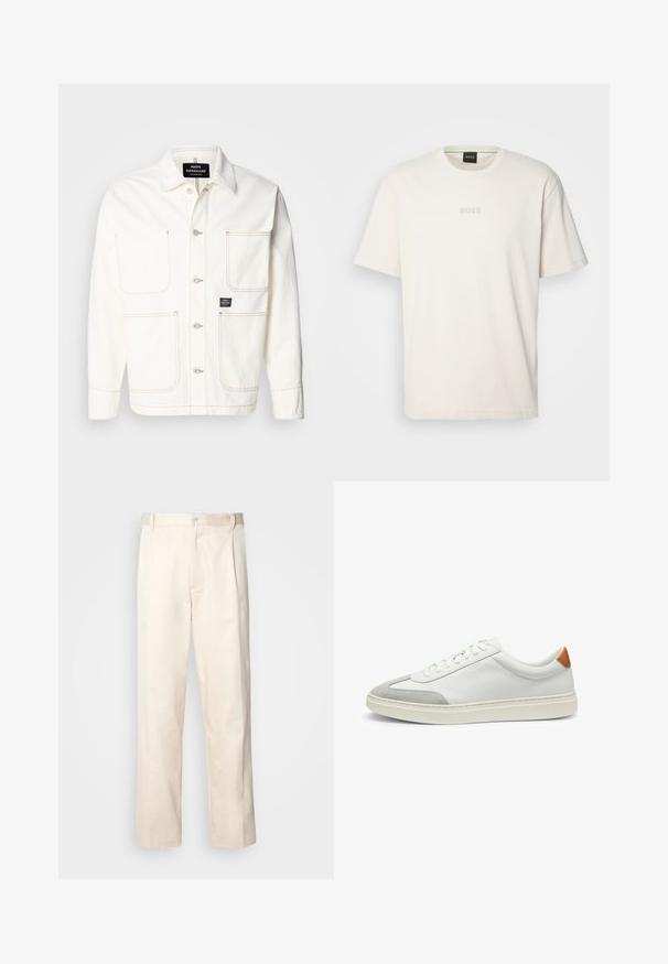 Valkoinen denimhousujakku, jossa on napit edessä, kaksi suurta rintataskua ja hillittyä oranssia ommella. Ominaisuuksiin kuuluvat pistekaulus ja napilliset hihansuut.; BOSS TEE - T-paita - open white; Vaaleanbeige puuvillahousut, joissa on suora lahje, varustettu nappisulkeisella ja etupuolella olevilla laskoksilla lisäyksinä.; Valkoiset nahkakengät, joissa on harmaat mikrokuituakkentit ja vaaleanruskea nahkakanta. Ominaisuuksiin kuuluu teksturoitu pinta ja kevyt pohja.