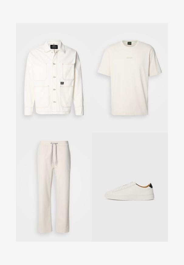 Bílá denimová bunda s předními knoflíky, dvěma velkými kapsami na hrudi a jemným oranžovým prošíváním. Obsahuje límec se špičkami a knoflíkové manžety.; BOSS TEE - Jednoduché tričko - open white; Krémové volné kalhoty s elastickým pasem a rovnými nohavicemi, vystavené na jednobarevném bílém pozadí.; Bílá teniska s hladkým koženým svrškem, kulatou špičkou a plochou podrážkou. Černý akcent na patě, se tónovými tkaničkami a minimalistickým logem.