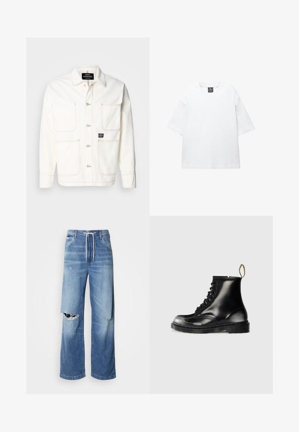 White denim jacket with a button front, two large chest pockets, and subtle orange stitching. Features a point collar and button cuffs.; White short-sleeve t-shirt made of cotton, featuring a round neckline and relaxed fit with straight hem. No patterns or embellishments.; Light blue denim jeans with a loose fit, featuring a white drawstring waist, and distinct rips on the front, showing frayed edges.; Black leather ankle boots with a shiny finish, eight eyelets, black laces, and a pull tab. Features a textured treaded sole.