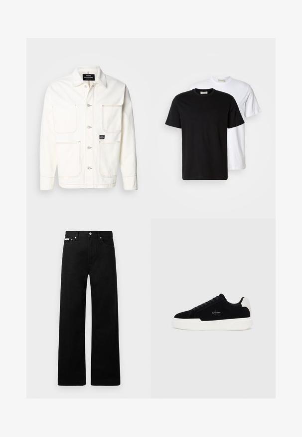 Veste en denim blanc avec boutonnage à l'avant, deux grandes poches poitrine et coutures orange subtiles. Équipée d'un col pointu et de poignets boutonnés.; Deux t-shirts en coton unis, l'un noir placé devant un blanc, tous deux à manches courtes et avec un col rond.; Pantalon en denim noir avec une coupe large, doté de cinq poches et de boutonnières métalliques. Texture lisse, sans motifs visibles.; Baskets basses noires avec semelle et talon blanc, lacets à l'avant et logo Calvin Klein sur le côté.