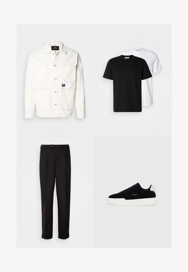 Giacca di jeans bianca con chiusura a bottoni, due ampie tasche sul petto e cuciture arancioni sottili. Presenta un colletto a punta e polsini con bottoni.; Due t-shirt di cotone semplici, una nera posizionata davanti a una bianca, entrambe con maniche corte e scollature rotonde.; Pantaloni neri con una texture liscia, con taglio dritto, due tasche anteriori e chiusura con un singolo bottone in vita.; Sneaker nera bassa con suola e linguetta bianca, con lacci sulla parte anteriore e logo Calvin Klein sul lato.