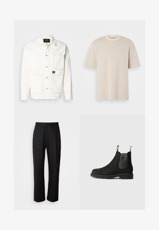 Veste en denim blanc avec boutonnage à l'avant, deux grandes poches poitrine et coutures orange subtiles. Équipée d'un col pointu et de poignets boutonnés.; T-shirt beige à côtes avec un col rond et des manches courtes, avec une étiquette de marque visible en bas à gauche.; Pantalon noir à coupe droite, en tissu léger. Il dispose d'une fermeture à bouton sur le devant et de deux poches latérales ; texture lisse.; Bottines Chelsea noires en daim avec des panneaux latéraux élastiques, des languettes de traction, un bout arrondi et une semelle en caoutchouc robuste.