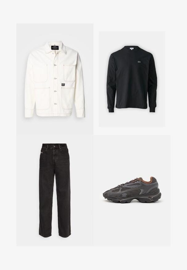 Jaqueta de ganga branca com fecho de botão, dois grandes bolsos no peito e costura laranja subtil. Apresenta um colarinho pontiagudo e punhos com botões.; Camisola preta de manga longa feita de algodão, com decote redondo e um pequeno logótipo de crocodilo bordado em verde no lado esquerdo do peito.; Calças de ganga pretas de perna larga com cintura alta, fecho frontal por botão, dois bolsos laterais e detalhes de costura discretos.; Ténis Lacoste em cinza-escuro com material em malha e sintético, apresentando uma sola texturizada e detalhes castanhos na gola e na marca.