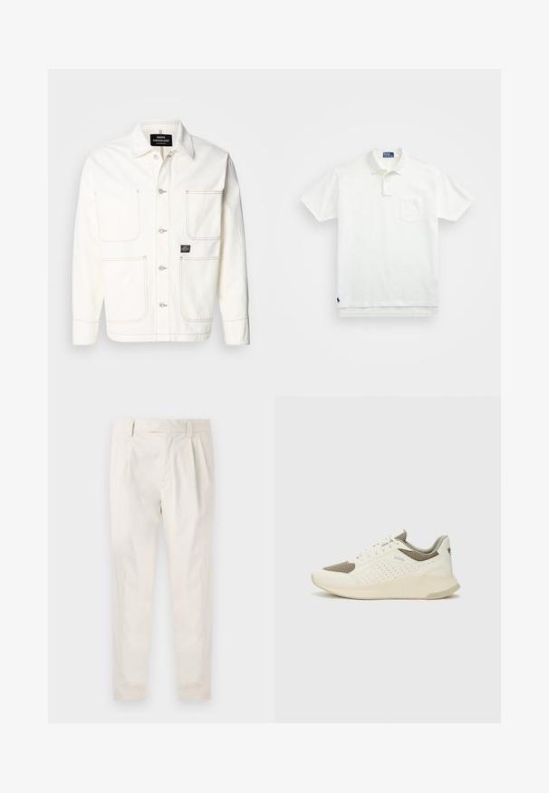 Biala džinsa jakna ar pogu priekšpusi, divām lielām krūšu kabatām un diskrētām oranžām šuvēm. Izceļas ar punktveida apkakli un pogu aprocēm.; Balta polo krekls, izgatavots no kokvilnas, ar klasisku apkakli, trīs pogu aizdari un kreisajā krūtī kabatu; neliels logo apakšmalā.; Baltas, pleitēts bikses ar piegriezumu, kas pielāgots figūrai, ar gludu tekstūru, jostas cilpām un sašaurinātiem galiem. Nav redzamu kabatu vai rakstu.; Baltas un gaiši bež sporta apavi, ar sieta augšdaļu, perforētiem detaļām un teksturētu vidusdaļu ar zīmolu uz papēža.