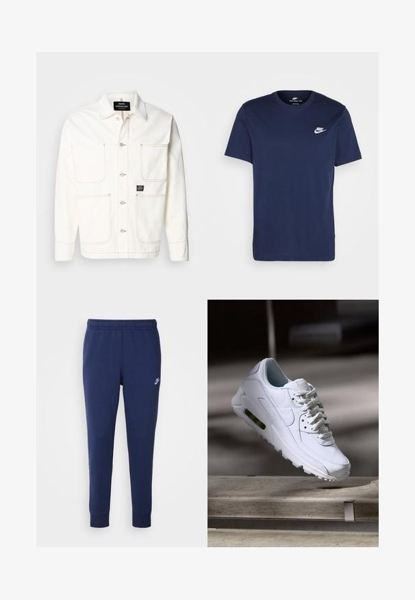 Giacca di jeans bianca con chiusura a bottoni, due ampie tasche sul petto e cuciture arancioni sottili. Presenta un colletto a punta e polsini con bottoni.; T-shirt in cotone blu navy con colletto tondo e maniche corte. Presenta un logo Nike bianco sul petto a sinistra e un orlo dritto.; Pantaloni da tuta Nike blu navy realizzati in un morbido misto cotone, con vita elastica, gambe affusolate e un piccolo logo bianco sul lato.; Sneaker bianco in pelle con superfici texture, collo imbottito e ammortizzazione d'aria visibile nella suola. Presenta lacci e un design minimalista.