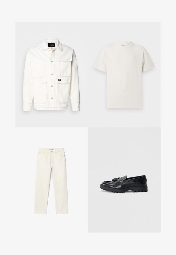 Weiße Jeansjacke mit Knopfleiste, zwei großen Brusttaschen und feinen orangefarbenen Nähten. Verfügt über einen Spitzkragen und Knopfmanschetten.; Weißes T-Shirt mit kurzen Ärmeln in gerippter Textur. Runder Ausschnitt, lockere Passform, keine sichtbaren Muster oder Akzente. Einfaches und vielseitiges Design.; Cremefarbene Jeans aus Denim mit geradem Bein, ausgestattet mit zwei Fronttaschen, einem Knopfverschluss und subtiler Markenkennzeichnung nahe dem Bund.; Schwarze Lederloafers mit glanzendem Finish, klobiger Gummisohle und dekorativem Quastendetail auf der Vorderseite.