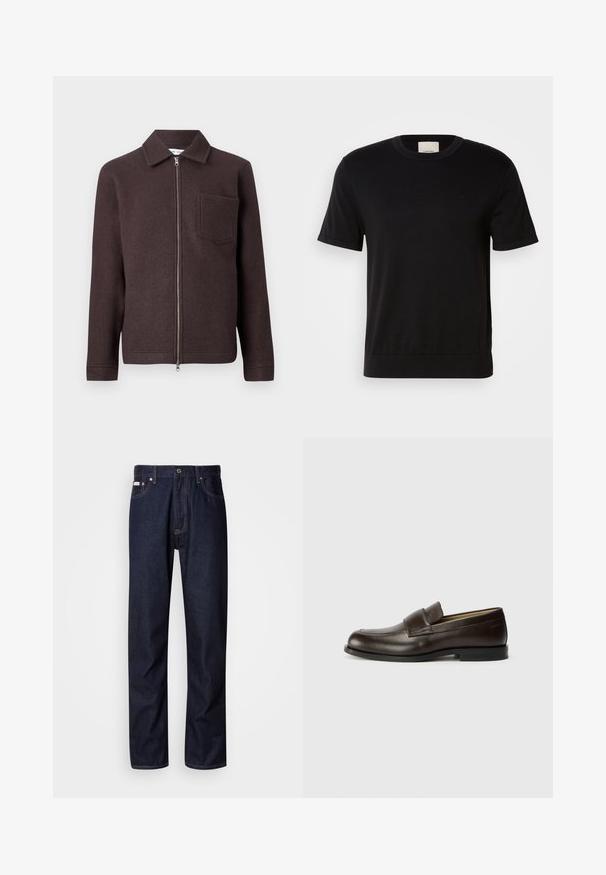 Bruine wollen jas met een ritssluiting aan de voorkant, puntkraag en één borstzak. Glad textuur en een getailleerd silhouet met lange mouwen.; Zwarte T-shirt met korte mouwen, gemaakt van zachte katoen. Beschikt over een ronde hals, ribbelstructuur en een subtiele logoaccent op de borst.; Donkerblauwe denim jeans met een rechte snit, voorzien van een knoopsluiting, vijf zakken en contrasterende stiksels.; Calvin Klein Instappers - cocoa brown