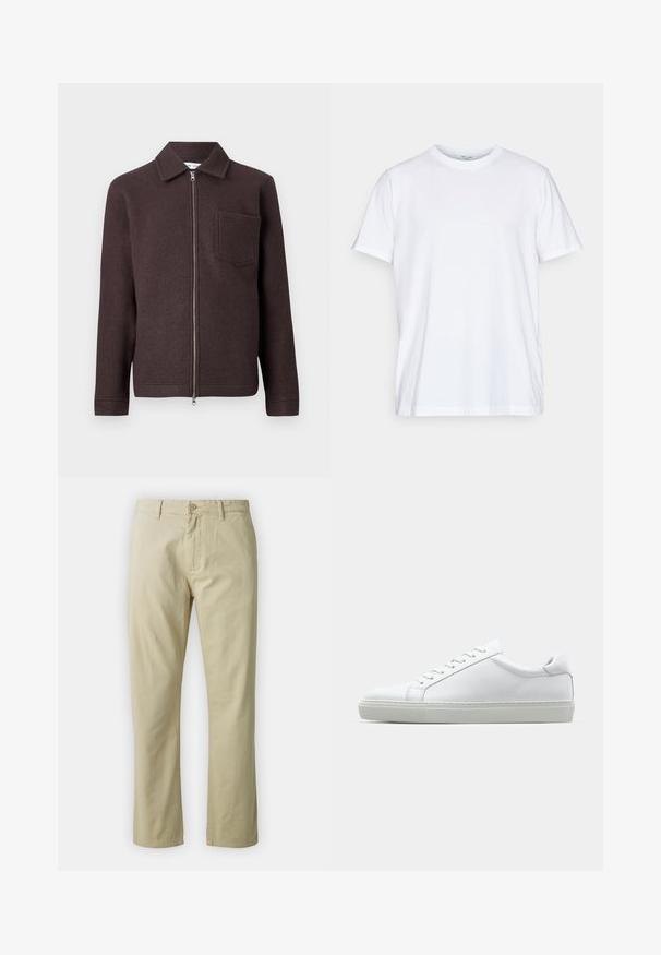 Rudas vilnos striukė su užtrauktuku priekyje, taškiniu apykakle ir viena krūtinės kišene. Lygios tekstūros ir prigludusi siluetas su ilgomis rankovėmis.; Balta medvilnė marškinėliai su trumpos rankovėmis, apvali iškirptė ir laisvas kirpimas. Yra minimalistinio dizaino, be raštų ar akcentų.; Bežiniai medvilniniai kelnės su tiesiais blauzdomis, priekyje su mygtukų uždarymu ir diržo kilpomis. Lygus paviršius, nėra matomų raštų ar akcentų.; Baltas sportinis batelis su lygiu odiniu paviršiumi ir žemu profiliu. Turi suapvalintą pirštą, šešis akių skyrius ir tekstūruotą gumos padą.