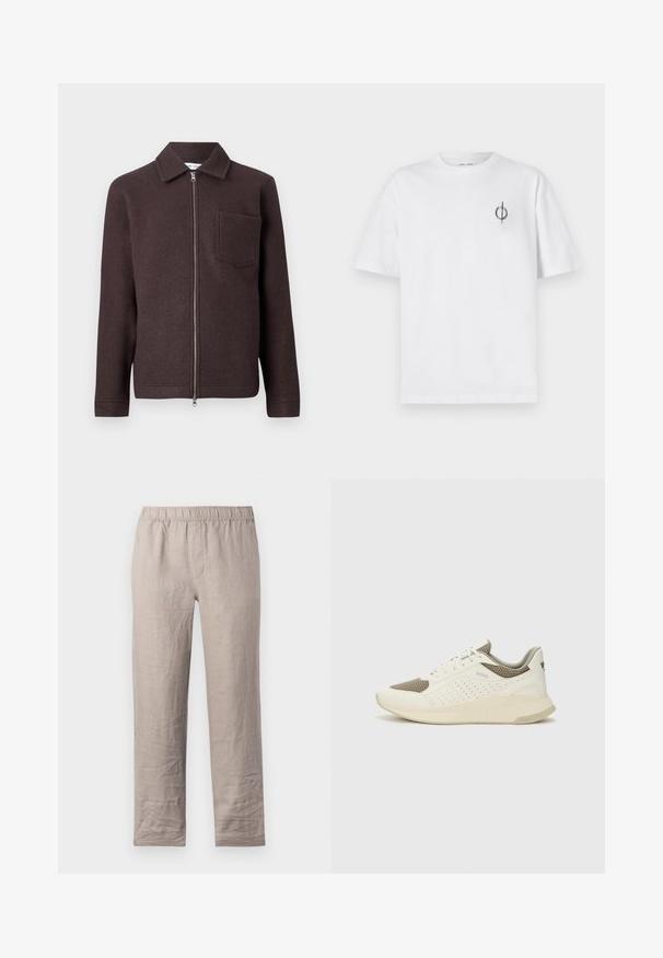 Smeđa vunena jakna s patentnim zatvaračem sprijeda, s oštrim ovratnikom i jednim džepom na prsima. Glatka tekstura i prilagođeni silueta s dugim rukavima.; Bijela pamučna majica s opuštenim krojem, s malim crnim grafičkim logotipom na lijevoj prečki. Kratki rukavi, okrugli izrez.; Svijetlosmeđe lanene hlače s elastičnom waistbandom, ravnog kroja i bez vidljivih džepova. Glatka tekstura s laganim nabranjima.; Bijele i svijetlosmeđe sportske tenisice, sa mrežastim gornjim dijelom, perforiranim detaljima i teksturiranim međutrakom sa brendom na peti.