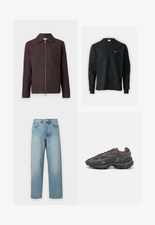 Bruine wollen jas met een ritssluiting aan de voorkant, puntkraag en één borstzak. Glad textuur en een getailleerd silhouet met lange mouwen.; Zwarte longsleeve t-shirt van katoen, met een ronde halslijn en een klein groen geborduurd krokodillenlogo op de linkerborst.; Lichtblauwe denim jeans met een losse pasvorm, rechte pijpen, een vijfzakkenontwerp en een knoopsluiting bij de taille. Minimalistische stikdetails.; Lacoste sneakers in donkergrijs van mesh en synthetisch materiaal, met een gestructureerde zool en bruine accenten op de kraag en branding.
