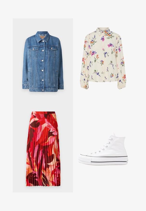 Blue denim jacket with a button-up front, two chest pockets, and a pointed collar. Features light distressing and silver hardware accents.; Floral blouse with long puff sleeves, light cream base, featuring purple, orange, and green floral patterns, and classic collar design.; Pleated maxi skirt in vibrant red, pink, and brown floral pattern. Elastic waistband and smooth texture enhance comfort and style.; White high-top canvas sneaker with black rubber sole, front rubber toe cap, and six eyelets for laces, featuring a clean, minimalist design.