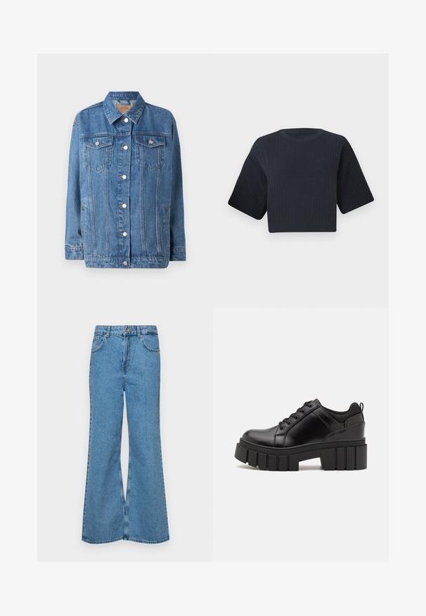 Sinine denimjakk nupuga ees, kahe rinna-tasku ja terava kaelusega. Omab kerget kulumist ja hõbedaseid metallelemente.; Tume mere värvitud lühike kudumipee, millel on soonikkoes tekstuur, lühikesed laiad varrukad ja ümmargune kaelus. Lihtne disain, nähtavaid mustreid ega aktsente pole.; Heledad sinine flared teksade rõivad, millel on kõrge talje, viis taskut ja üks nupulukk. Pehme tekstuur ja pleekinud viimistlus.; Must musta platvormsussid paksu plokkninal, ümmarguse varbaga ja traditsioonilise nööridega kinnitamisega. Sussid on sileda tekstuuriga ja minimaalsete detailidega.