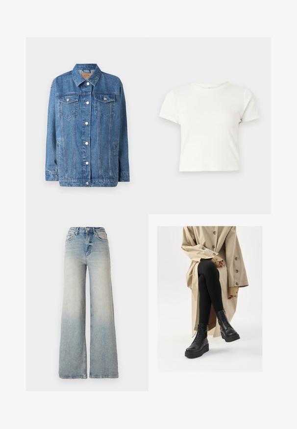 mėlynas džinsinis švarkas su mygtukų užsegimu, dviem krūtinės kišenėmis ir smailiu apykakle. Yra šviesus nusidėvėjimas ir sidabriniai akcentai.; Trumpa balta medvilnės marškinėliai su trumpomis rankovėmis, apvaliu kaklu ir tiesiu hemu, pasižyminti lygiu tekstūriu ir minimaliu dizainu.; Šviesiai mėlynus plačius džinsus, pagamintus iš džinsinio audinio, su aukštu liemeniu, penkiomis kišenėmis ir matomais siūlėmis.; Juodi odiniai auliniai batai iki kulkšnių su raištelių detalėmis, pakelta platforma, ir faktūrinės juodos kelnės, derinamos su šviesiai smėlinės spalvos paltu.