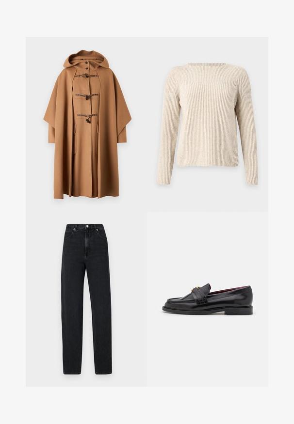 WEEKEND MaxMara NICO - Mantel - cammello; Max Mara Leisure SAVONA - Trui - beige; Zwarte, rechte jeans van denim. Kenmerkt zich door een hoge taille, metalen knoopsluiting, vijf zakken en subtiele stiksels.; Zwarte leren loafers met een gestikt patroon, een gladde textuur, gouden gesp details en een ronde neus, geplaatst op een lage zwarte zool.