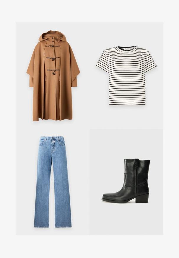 WEEKEND MaxMara NICO - Mantel - cammello; Katoenen T-shirt met korte mouwen en een ronde hals, met zwarte verticale strepen op een witte achtergrond en een rechte snit.; Lichtblauwe denim jeans met een wijde pasvorm, vijf zakken, lussen voor een riem en een knoopsluiting. De stof heeft een gladde textuur.; Zwarte leren enkellaars met een ronde neus, blokhak, zijrits en stikselaccenten op de wreef. Gladde textuur, klassiek ontwerp.