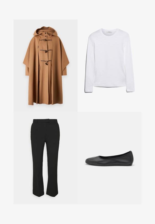 WEEKEND MaxMara NICO - Klassikaline mantel - cammello; Pikkade varrukatega valge T-särk, mis on valmistatud ribakujulisest puuvillast, ümmarguse kaeluse ja sirge hemiga. Lihtne disain ilma mustrite või aktsentideta.; Mustad mustad püksid sirge säärega, millel on vööloop ja küljetaskud. Valmistatud siledast kangast, millel on puhas viimistlus.; Musthave mustika tantsutossud mustast nahast, ümmarguse varbaga, siledast tekstuurist, minimaalse õmblusdetailiga ja paindliku tallakujundusega.