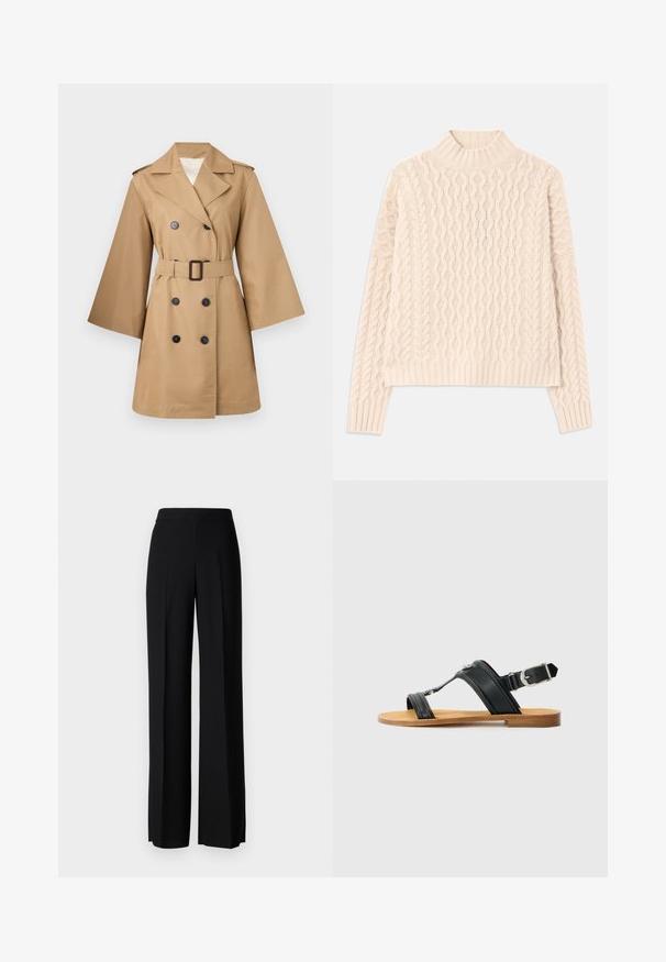 Cappotto beige con design doppiopetto, ampie rever, maniche larghe e vita con cintura. Presenta bottoni neri e una texture liscia.; Maglione lavorato a maglia color crema con colletto alto a coste, caratterizzato da un motivo ondulato e polsini e orlo a coste. Vestibilità rilassata e finitura testurizzata.; Pantaloni neri a gamba larga con una texture liscia, dotati di una vita alta e pieghe centrali. Nessun motivo visibile o dettagli in metallo.; Sandalo in pelle nera con fibbia regolabile, suola piatta color corda e due ampie cinghie che si incrociano sopra il piede, design minimalista.