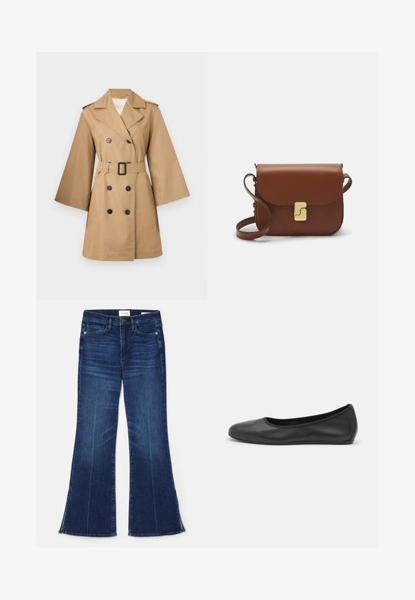 Beżowy płaszcz trench z podwójnym zapięciem, dużymi klapami, szerokimi rękawami i paskiem w talii. Posiada czarne guziki i gładką fakturę.; Różowy bezrękawnik z miękkiego materiału, z okrągłym dekoltem i surowymi krawędziami otworów na ramiona, z kontrastowymi detalami stębnowania.; Ciemnoniebieskie dżinsy z rozszerzanymi nogawkami, wykonane z denimu. Posiadają wysoki stan, przednie kieszenie i rozcięcia na dole nogawek. Klasyczny pięciokieszeniowy fason.; Czarne skórzane baletki z zaokrąglonym noskiem, gładką fakturą, minimalnymi przeszyciami i elastycznym designem podeszwy.; Brązowa skórzana torebka na ramię z klapką, złotymi detalami, paskiem na ramię i gładką teksturą. Kompaktowy prostokątny kształt.