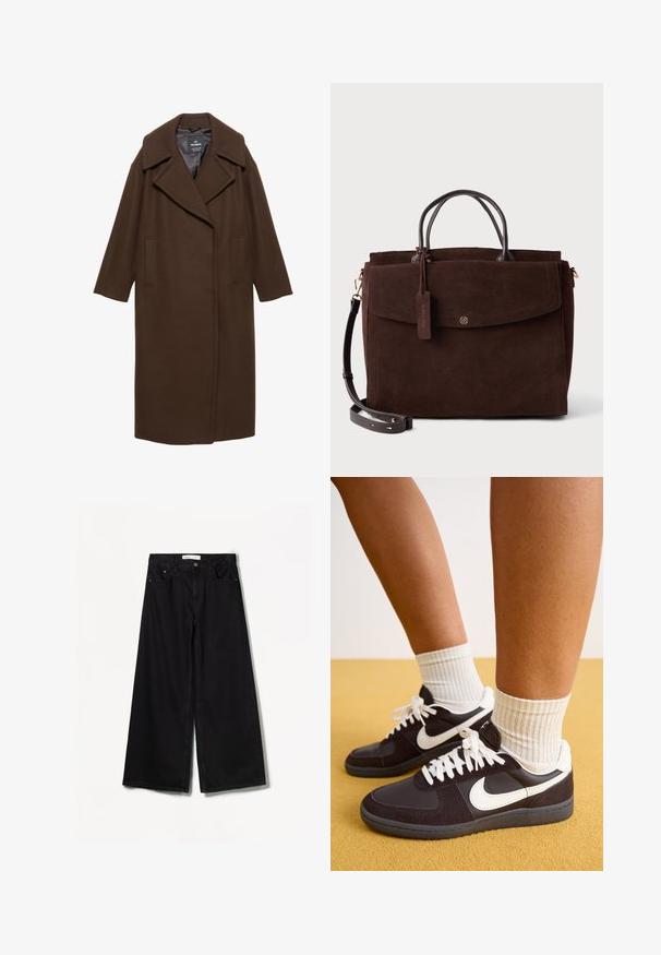 Brun uldblandingsfrakke med reverskrave, brede ærmer, frontlomme og en lige silhuet. Glat tekstur.; Sort sweater lavet af blødt stof, med lange ærmer, rund halsudskæring og ribbede manchetter. Enkel design, ingen mønstre eller accenter.; Bershka WIDE-LEG - Wide leg - black; Sorte og hvide Nike sneakers med overdel i ruskind og læder, hvide snørebånd, båret med ribbede cremefarvede sokker, sat mod en gul baggrund.; Brun ruskindtaske med dobbelt topgreb, aftagelig skulderrem, frontal lap og et mærke, der angiver "Ægte Læder." Guldfarvede hardware-detaljer.