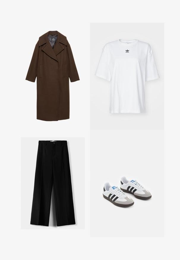 Brauner Wollmischungscoat mit Reverskragen, weiten Ärmeln, aufgesetzten Taschen und geradem Schnitt. Glatte Textur.; Weißes T-Shirt mit kurzen Ärmeln aus Baumwolle. Verfügt über einen Rundhalsausschnitt und ein kleines schwarzes Adidas-Logo auf der Brust. Gerader Saum.; Schwarze weite Hosen aus leichtem Stoff, mit einem Knopfverschluss vorne und flachem Bund, mit sorgfältig genähten Säumen.; Sportschuhe mit einem Obermaterial aus weißem Leder, grauer Wildleder-Zehenkappe und drei schwarzen Streifen. Sie verfügen über ein blaues Logo auf der Zunge und eine strukturierte Gummisohle.