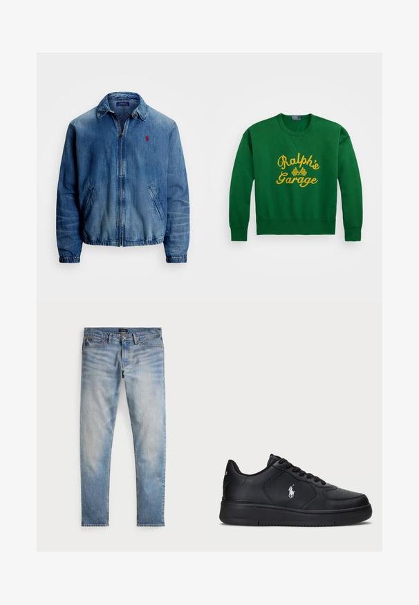 Polo Ralph Lauren BAYPORT UNLINED WINDBREAKER - Jeansjakke - wallsend; Grønn genser med rund hals, med gul brodert tekst "Ralph's Garage" og rutete flaggdetaljer. Blandingsmateriale av bomull.; Lys blå denimjeans med et falmet utseende, fem-lommer design og kontrastsøm. Har glidelås og beltesløyfer. Rett snitt.; Sorte lær sneakers med perforert design, flat snøring og en hvit brodert logo på siden. Tykk svart gummisåle.