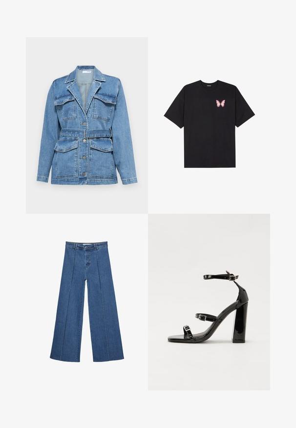 Traper jakna svijetloplave boje s ovratnikom, dva džepa na prsima, pojasom u struku i dugmadi u srebrnoj boji. Ima strukturirani, krojeni dizajn.; Crna pamučna majica s kratkim rukavima, s malim grafičkim prikazom ružičaste vjetricaste s desne strane na prsima. Dizajn s okruglim izrezom i opuštenim krojem.; Široke traperice u srednje plavoj boji, s visokim strukom, zatvaranjem na dugme i kontrastnim vertikalnim šavovima duž prednje strane.; Crne lakirane sandale na pete sa kvadratnim nosom, trakama oko gležnja i srebrnim kopčama. Imaju čvrst blok petu za stabilnost.