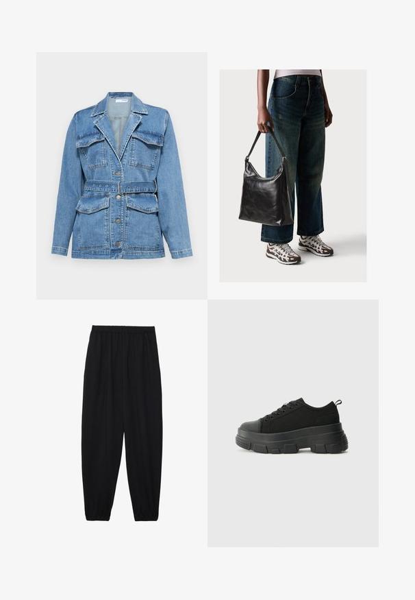 Heledsinine teksajakk koos krae, kahe rinnatasku, vöölehe ja hõbedaste nööpidega. Omab struktureeritud ja kohandatud disaini.; Mustmust särk, mis on valmistatud puuvillast, lühikeste varrukatega, valge pika varrukaga kihi peal, millel on peene tekstuuriga muster. Ümar kaelus.; Mustad, kerge kangas püksid elastse vöökoha ja kokku volditud pahkluudega. Kanga pind on sile ja disain on lõdvestunud, kitsenev.; Mustad mustad mustikad, millel on tugev kummist põhi, tekstuuriga kangast pealis, ümar varvas ja seotud disain. Omab tugevdatud silmuseid ja tagumist tõmbeotsta.; Must musta õlakott, millel on sile tekstuur ja reguleeritav rihm, koos pleekinud laia jalgadega teksade ja sportlike tossudega.