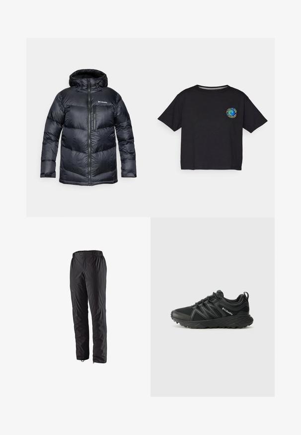 Black insulated puffer jacket with a hood, featuring a zip front, lightweight material, and quilted design with horizontal sections.; Black cotton short-sleeve T-shirt featuring a circular multicolored logo on the chest. Straight hem and relaxed fit.; Black waterproof pants with an elastic waistband, side zip pockets, tapered legs, and smooth texture. Suitable for outdoor activities.; Columbia PEAKFREAK - Hiking shoes - black