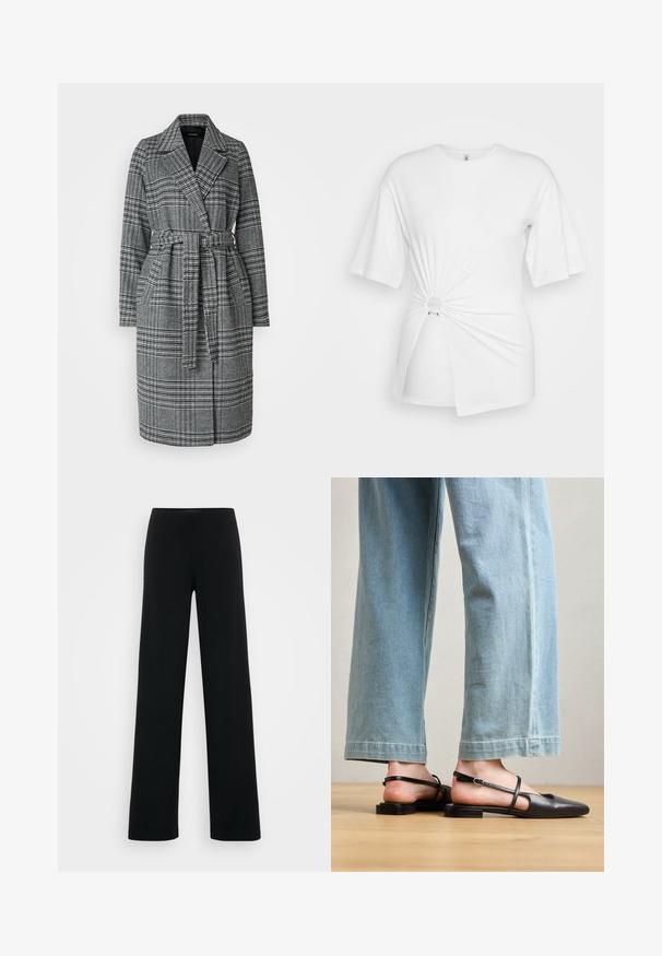 Szürke és fekete kockás kabát, dupla gombolású kialakítással, övvel a deréknál, széles hajtókákkal és hosszú ujjal. Puha anyag, texturált mintával.; Fehér póló, puha pamutból készült, rövid ujjakra jellemző, elöl csavarodott csomó részlettel és derék körüli akcentusgyűrűvel.; Vero Moda Tall VMBERLIN ZAMIRA WIDE - Nadrágok - black; Fekete bőr szandálcipők hegyes orral, lapos sarokkal és bokapánttal; világoskék, bő szárú farmerrel viselve.