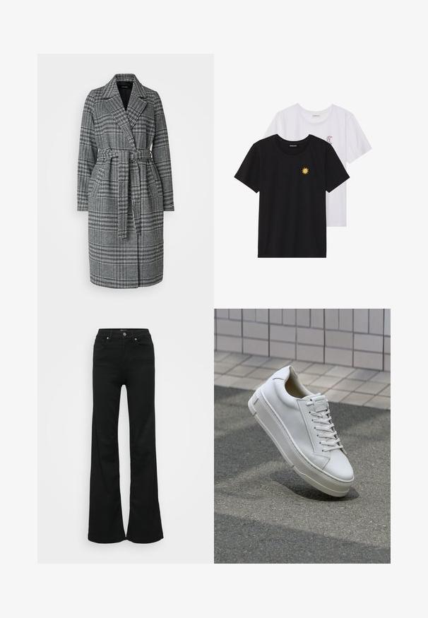 Hallide ja mustade ruuduline jakk, millel on kahekordne rida nuppe, vöökoht, laiad kraed ja pikad varrukad. Pehme kangas, millel on tekstuuriline muster.; Mustvalged ja valged T-särgid, ümar kaelus, lühikesed varrukad. Must särgile on tikitud kollane päike; valgel särgil on lillakate poolkuu aktsent.; Mustad laiad teksapüksid, valmistatud denimist, kõrge vöökoht, viis taskut ja metallist nööpkinnitus. Sujuv tekstuur väheste detailidega.; Valge nahast toss, millel on madala sääre disain, lamedad paelad, ümar varvas ja tekstureeritud küljed. Paks kummist tald, millel on peened aktsendid.