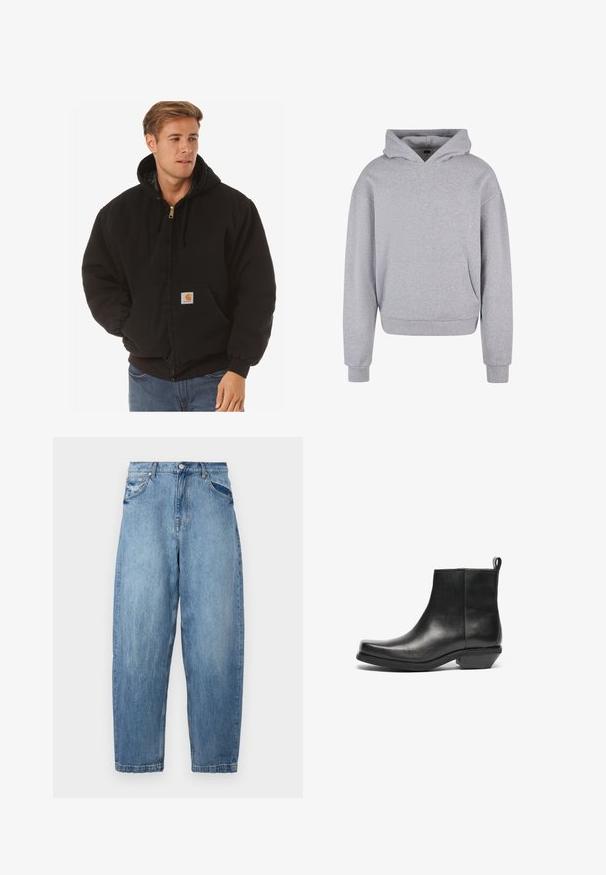 Carhartt WIP ACTIVE JACKET - Viegla jaka - black; Pelēks kokvilnas kapucis ar priekšējo kabatu, savilkšanas kapuci un ribinātiem piedurknēm un apakšmalu. Pazīme ar maigu, teksturētu apdari.; Gai zilas džinsa bikses ar brīvu piegriezumu, piecu kabatu dizainu un nolietotu tekstūru. Jostasvieta ir aprīkota ar pogu un rāvējslēdzēja aizdari.; Melnas ādas potītes zābaki ar šauru purngalu un zemu blokveida papēdi. Gluds dizains ar vienmērīgu tekstūru un pacelšanas cilpu vieglai uzvilkšanai.