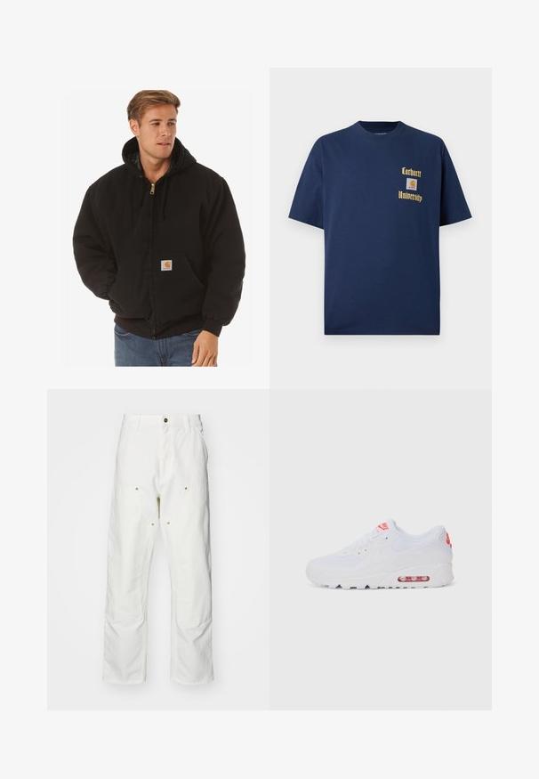 Carhartt WIP ACTIVE JACKET - Jas - black; Marineblauwe katoenen T-shirt met korte mouwen, voorzien van gouden tekst "Carhartt University" en een logo-label op de linkerborst.; Witte katoenen cargobroeken met een relaxte pasvorm. Kenmerken zijn onder andere voorzakken, gouden hardware accenten en versterkte kniezones.; Witte sportieve sneaker met een gladde bovenkant, vetersluiting, gevoerde zool en een zichtbare luchtunit met rode accenten op de branding.