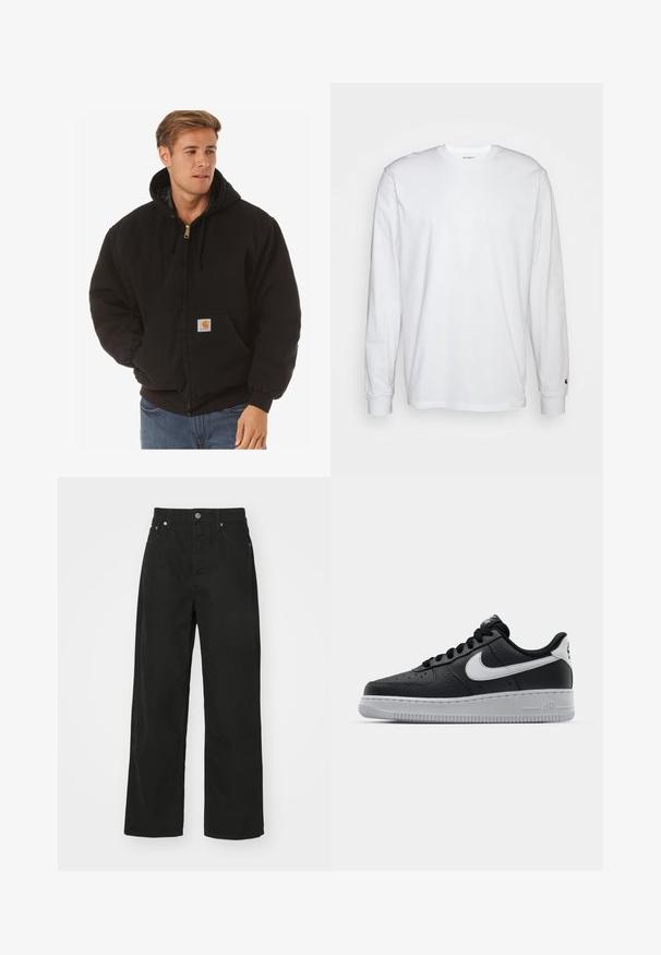 Carhartt WIP ACTIVE JACKET - Veste mi-saison - black; T-shirt blanc à manches longues en coton. Design à col rond avec des poignets côtelés et un petit logo sur la manche gauche. Texture lisse.; Pantalons en denim noir avec une coupe droite, dotés de cinq poches, d'une fermeture à bouton et d'une taille classique. Texture lisse.; Baskets en cuir noir avec surface texturée, swoosh Nike blanc, semelle grise, bout rond et design à lacets. Comprend des perforations sur la boîte à orteils.