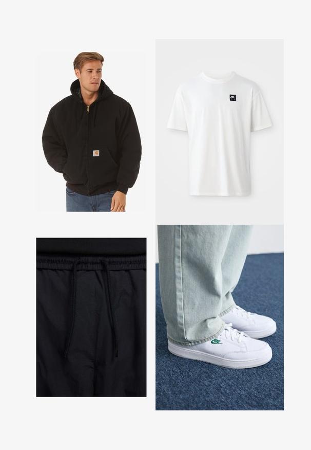 Carhartt WIP ACTIVE JACKET - Light jacket - black; White cotton t-shirt with short sleeves and a crew neck; features a small black rectangular Nike Air logo on the left chest.; Black shorts featuring a drawstring waistband, lightweight fabric with a smooth texture, and a simple design without visible logos or patterns.; White leather sneakers with green Nike logo, round toe, flat sole, paired with light blue denim pants, shown on a blue carpet.