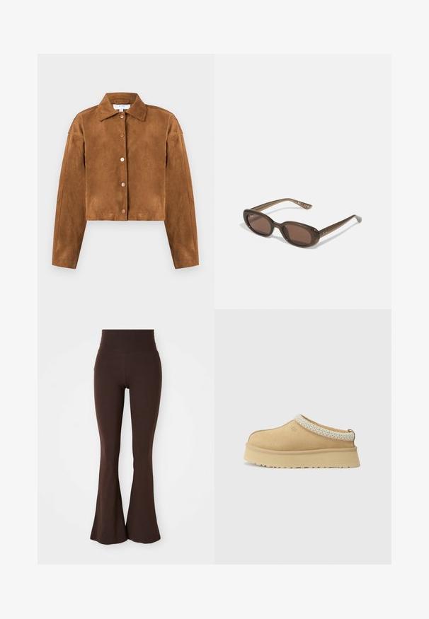 Hnedá semišová skrátená bunda s golierom, dlhými rukávmi a piatimi okrutníkovými gombíkmi po celej dĺžke. Hladký povrch, minimalistický dizajn.; Biely pletený sveter s výstrihom do V a dlhými rukávmi. Má štruktúrovaný diamantový vzor a malú nášivku na ľavej hrudi.; Biele top bez rukávov s nastaviteľnými ramienkami, priliehajúci strih, hladká textúra látky a okrúhly výstrih. Žiadne vzory ani kovové detaily.; Hnedé rozšírené legíny vyrobené z mäkkej, elastickej tkaniny, s vysokým pásom a priliehavou siluetou, ktorá sa rozširuje pri členku.; Béžová semišová obuv na slip-on so vypolstrovaným golierom a textúrovaným svetlomodrým akcentom. Obsahuje hrubú, odolnú podrážku so vzorovaným dezénom.; Hnedé oválne slnečné okuliare s tmavými sklami. Rám je vyrobený z priesvitného hnedého materiálu a na spánkoch má vytlačené logo.; Tkaná béžová taška s uvoľneným dizajnom a jedným ramenným popruhom. Obsahuje textúrovaný vzor po celém povrchu.